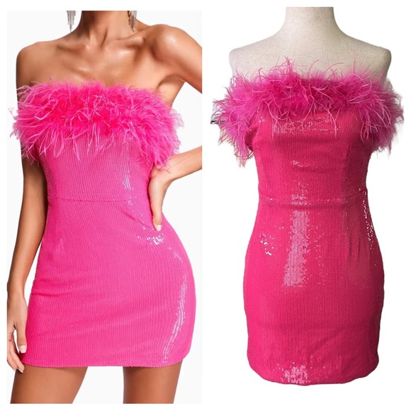 Dresses & Skirts - Pink Sequined Feather Trim Mini Dress
